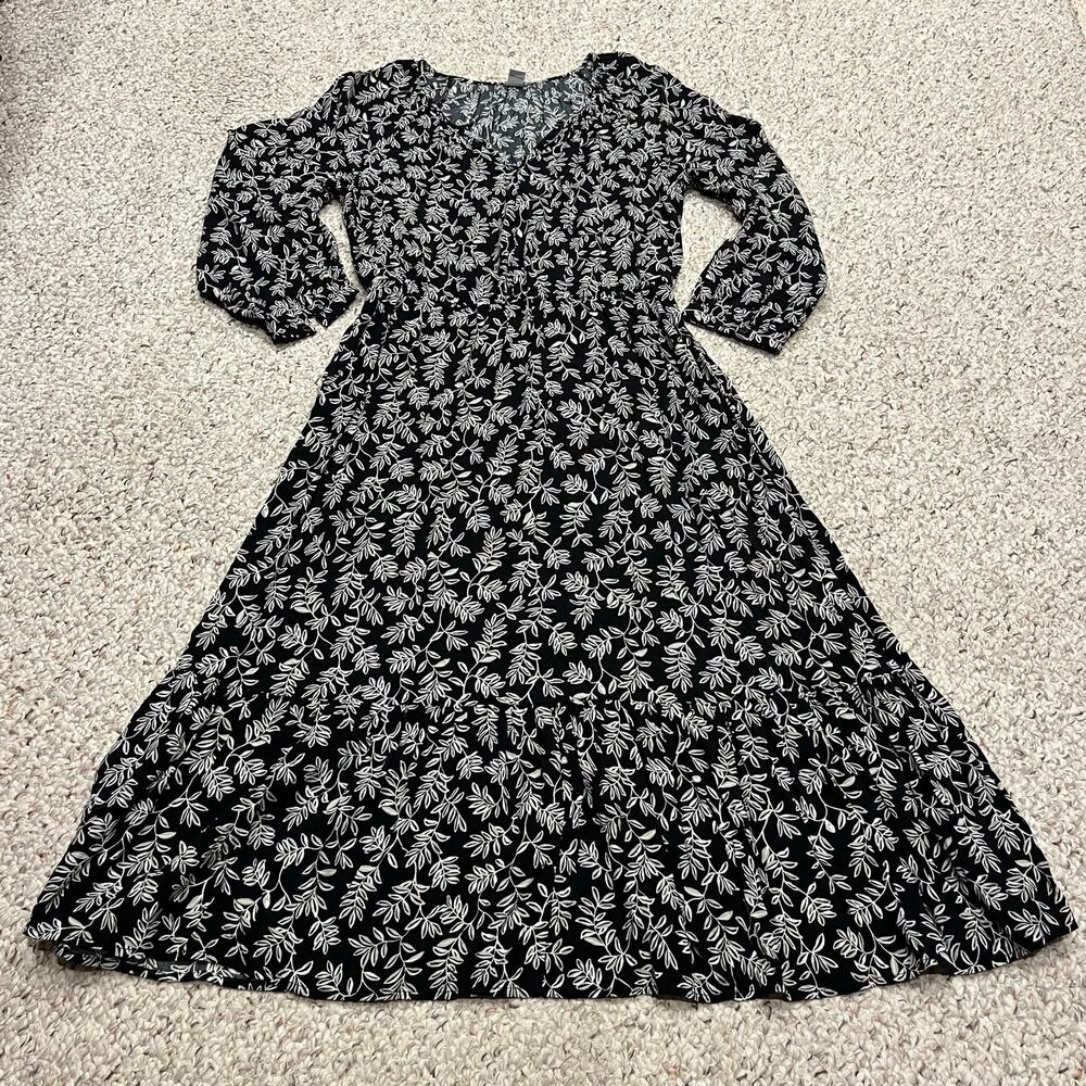 Old Navy Waist Defined Midi Dress S Long Sleeve Black Floral Casual Lightweight